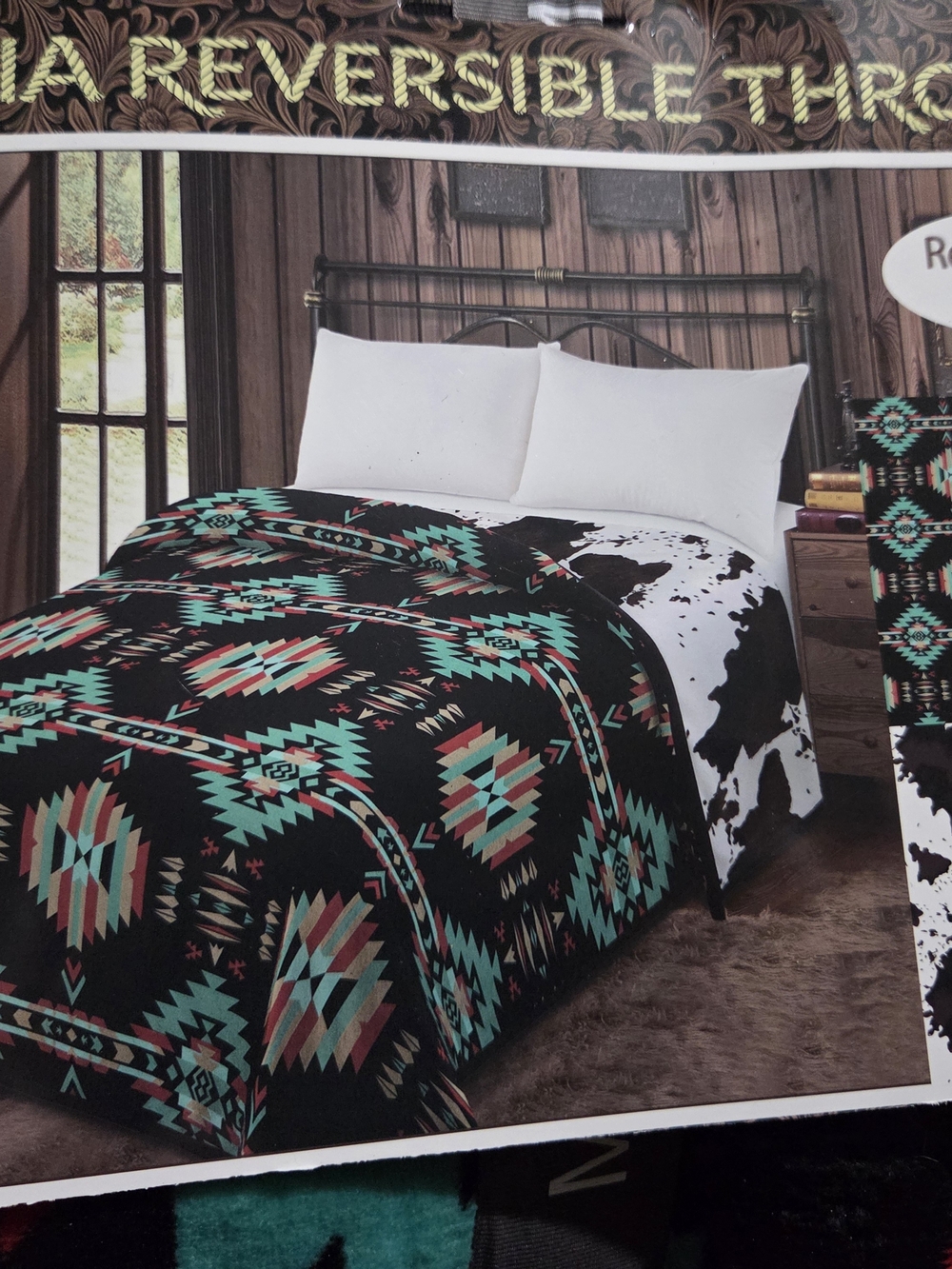MIA Black Southwestern-Style Throw with Turquoise and Coral Accents